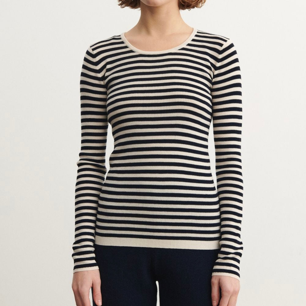 Thin Rib Blouse, Ecru/Dark Navy