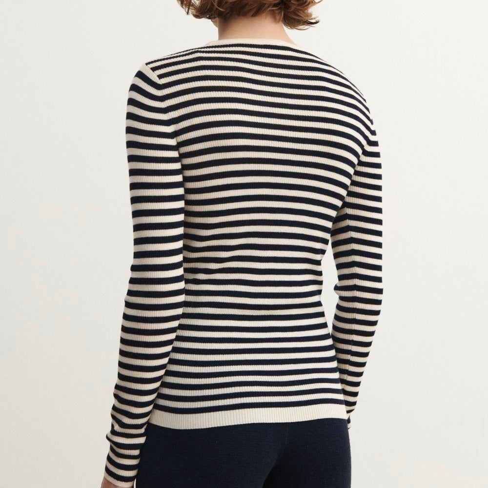 Thin Rib Blouse, Ecru/Dark Navy