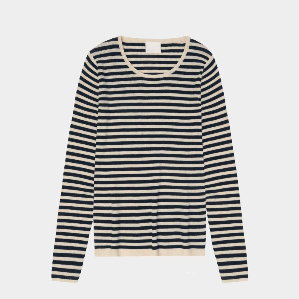 Thin Rib Blouse, Ecru/Dark Navy