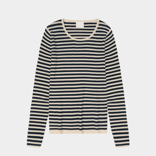 Thin Rib Blouse, Ecru/Dark Navy