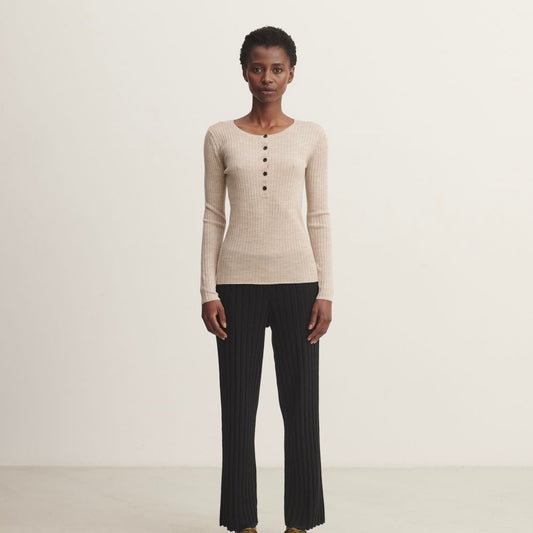 Wool rib blouse, light beige melange - FUB