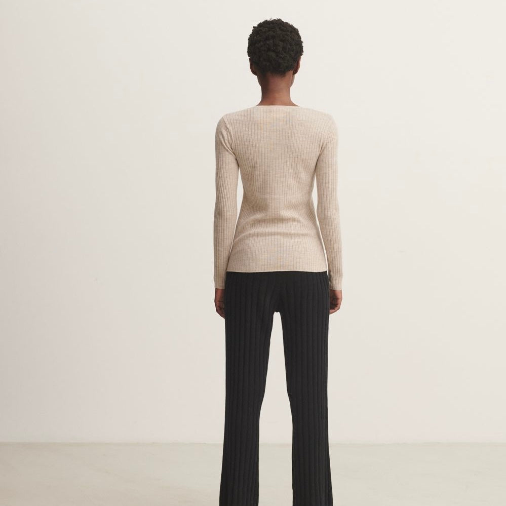 Wool rib blouse, light beige melange - FUB