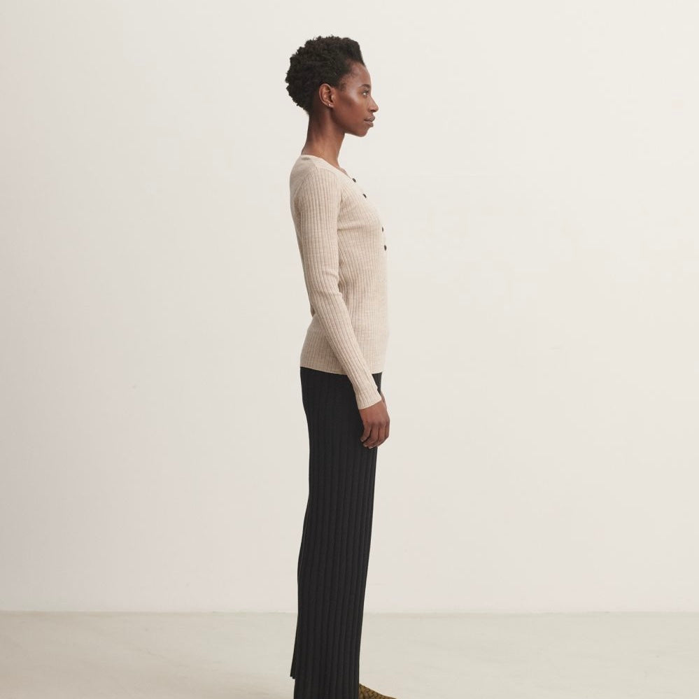 Wool rib blouse, light beige melange - FUB
