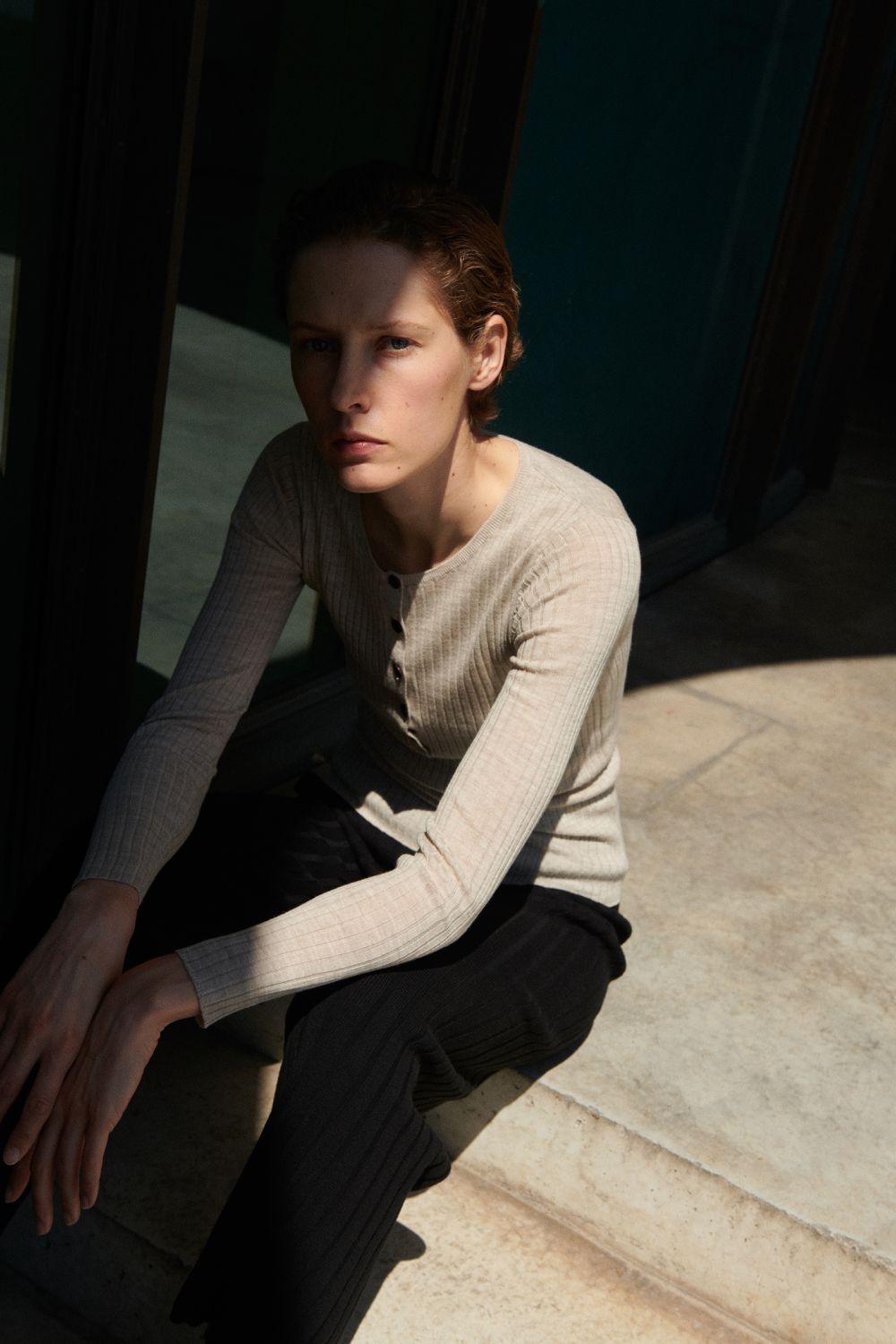 Wool rib blouse, light beige melange - FUB