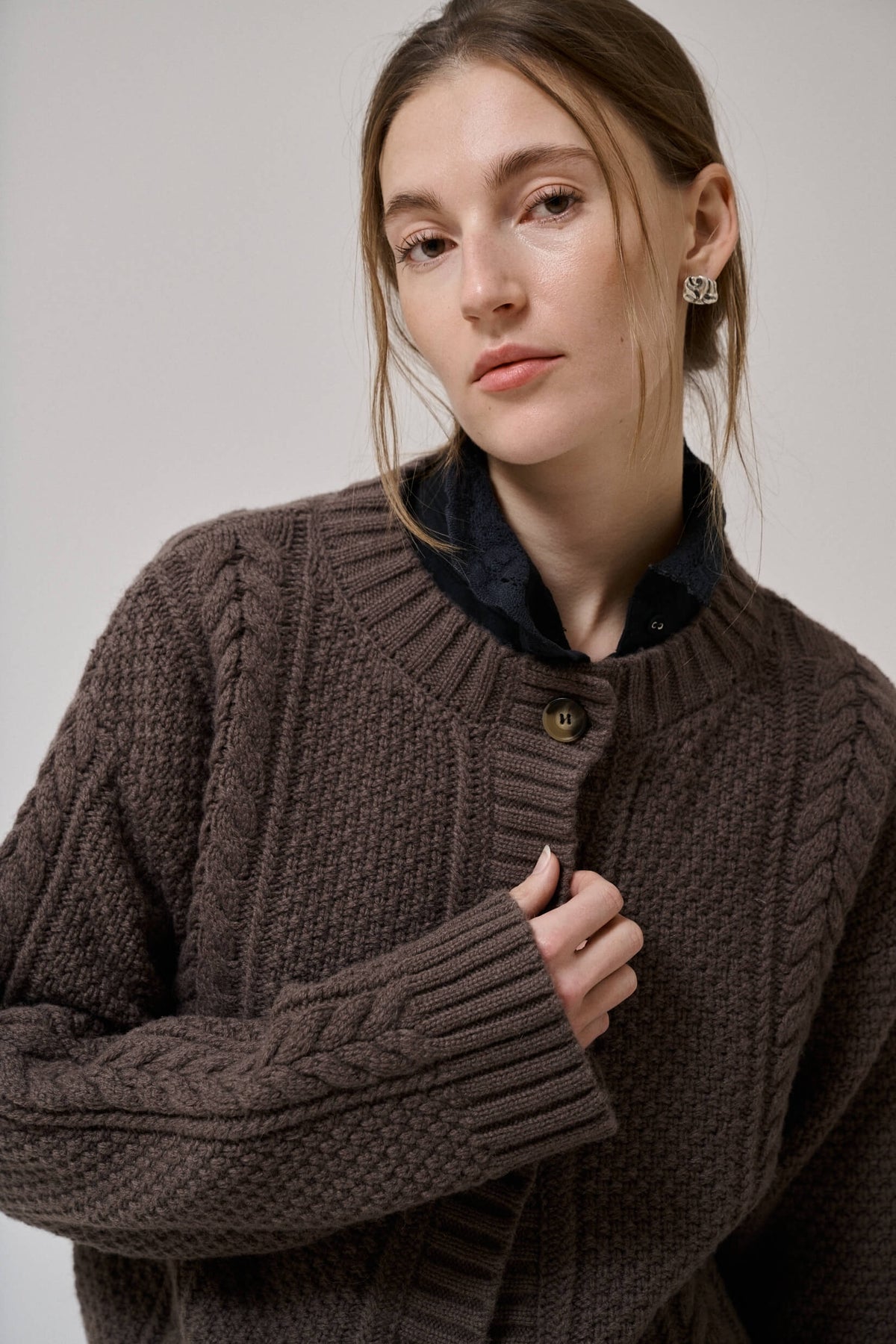 HEATHER LS KNIT CARDIGAN - DARK DUN