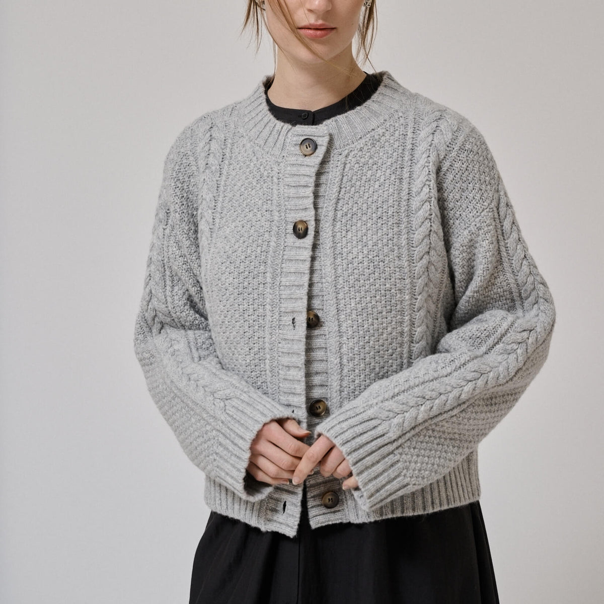 HEATHER LS KNIT CARDIGAN - LIGHT GREY MELANGE