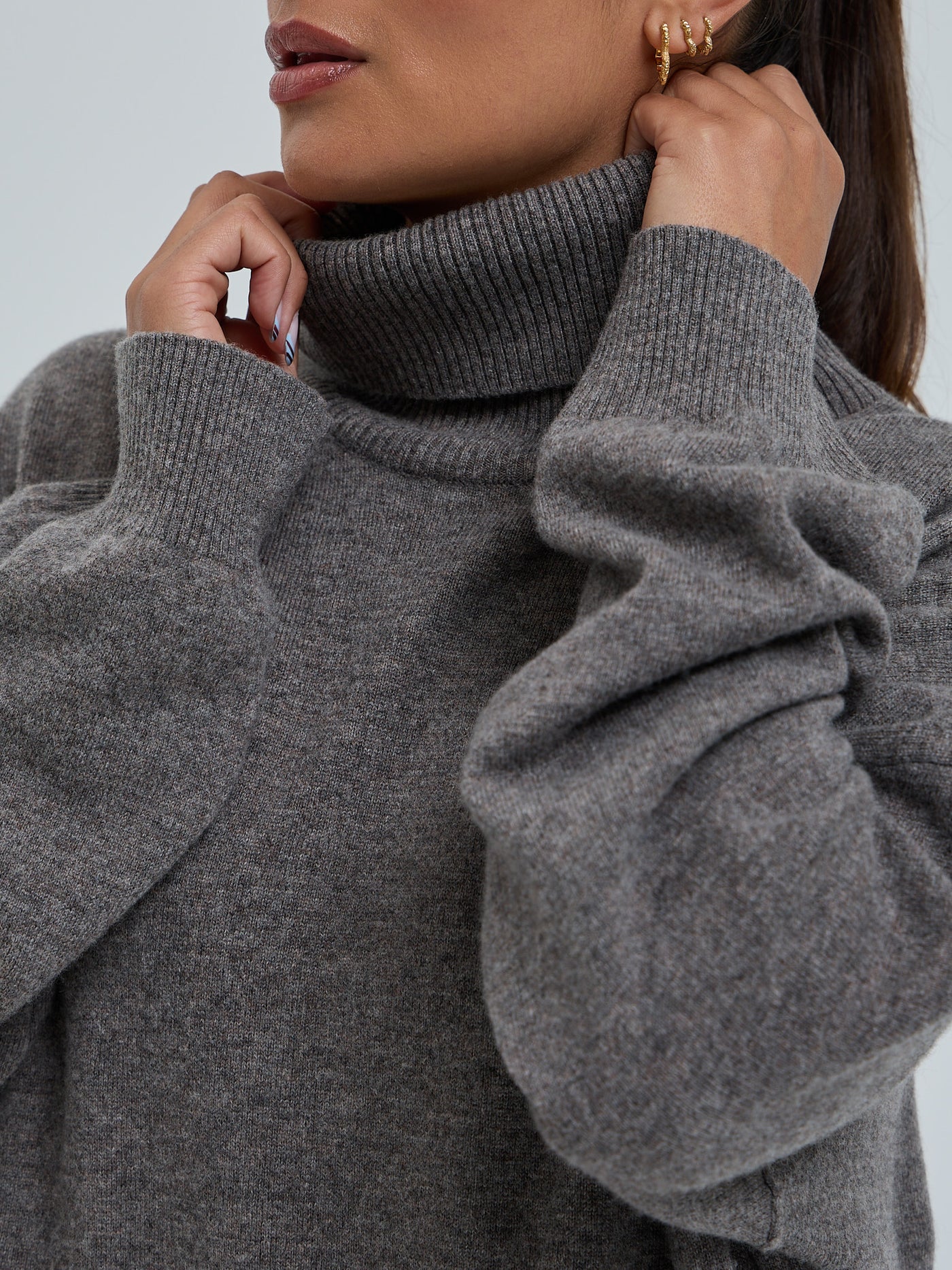 Wool Cashmere Roll Neck Jumper, Heather Mushroom